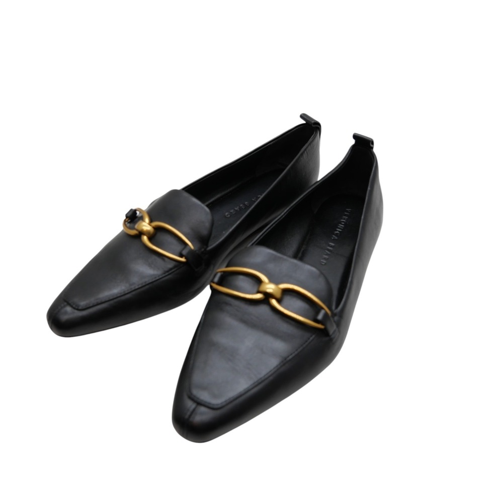 Veronica Beard Champlain Loafers 7 Black Leather Gold Horsebit Pointed Flats